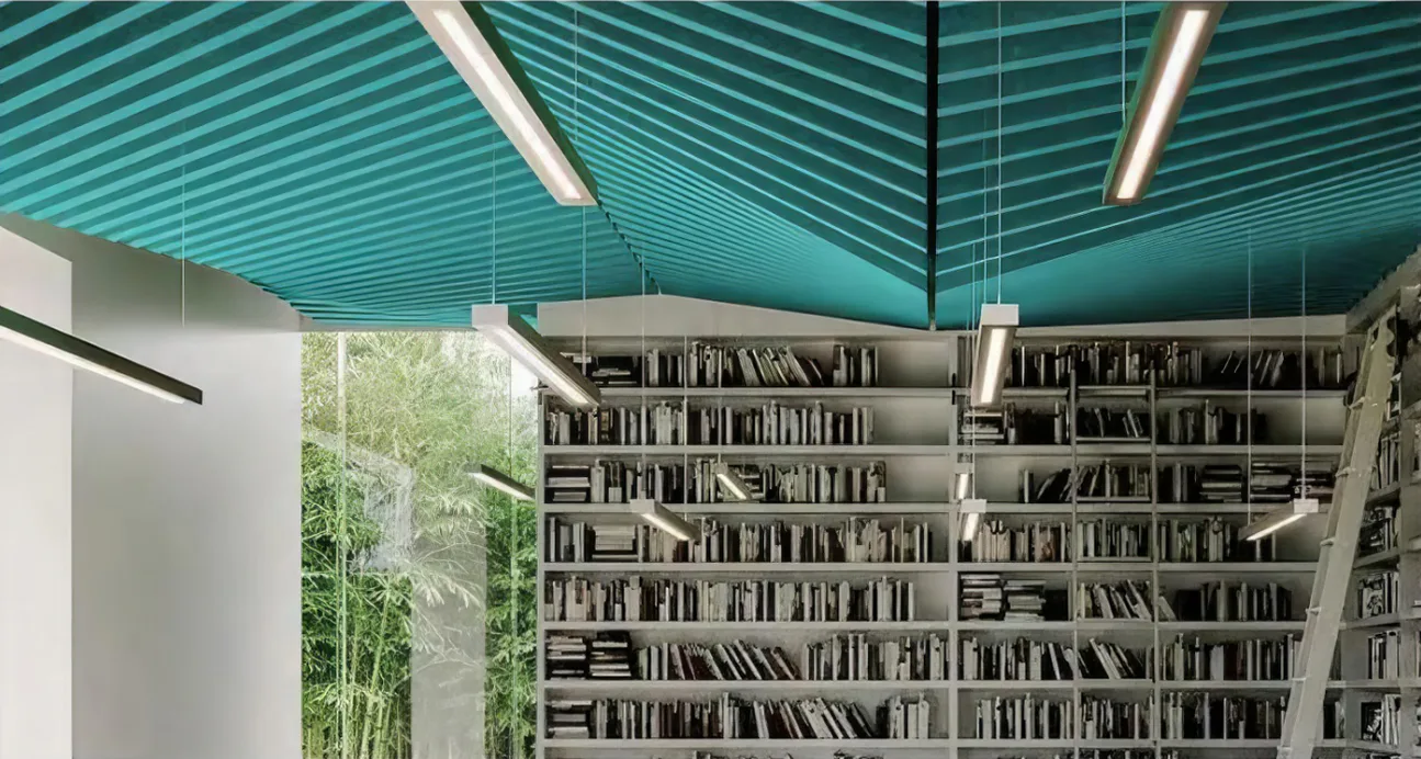 Supplier-provided education visualization with teal ceiling baffles in a library