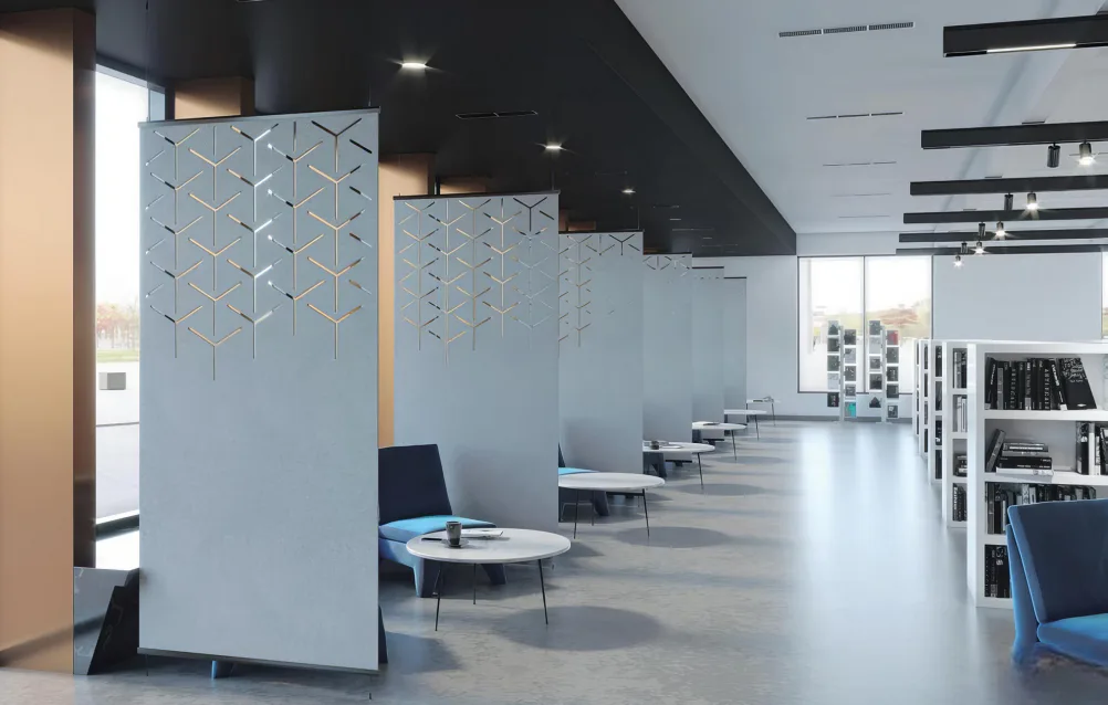 Supplier-provided education visualization with hanging screens in a library