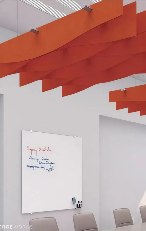 Supplier-provided education visualization with orange ceiling baffles and a whiteboard