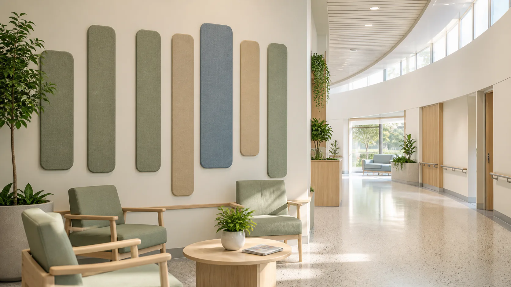 Supplier-provided healthcare visualization with rounded acoustic wall panels in a lounge