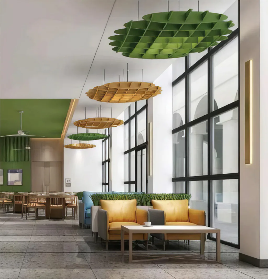 Supplier-provided visualization of ceiling clouds in a hospitality lobby