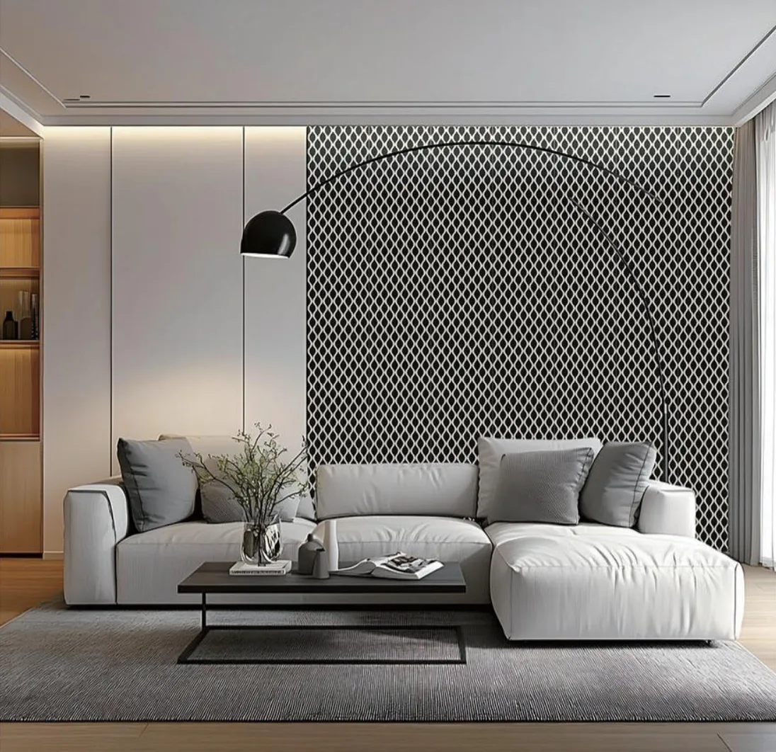 Supplier-provided residential visualization with curved wood-slat wall panels