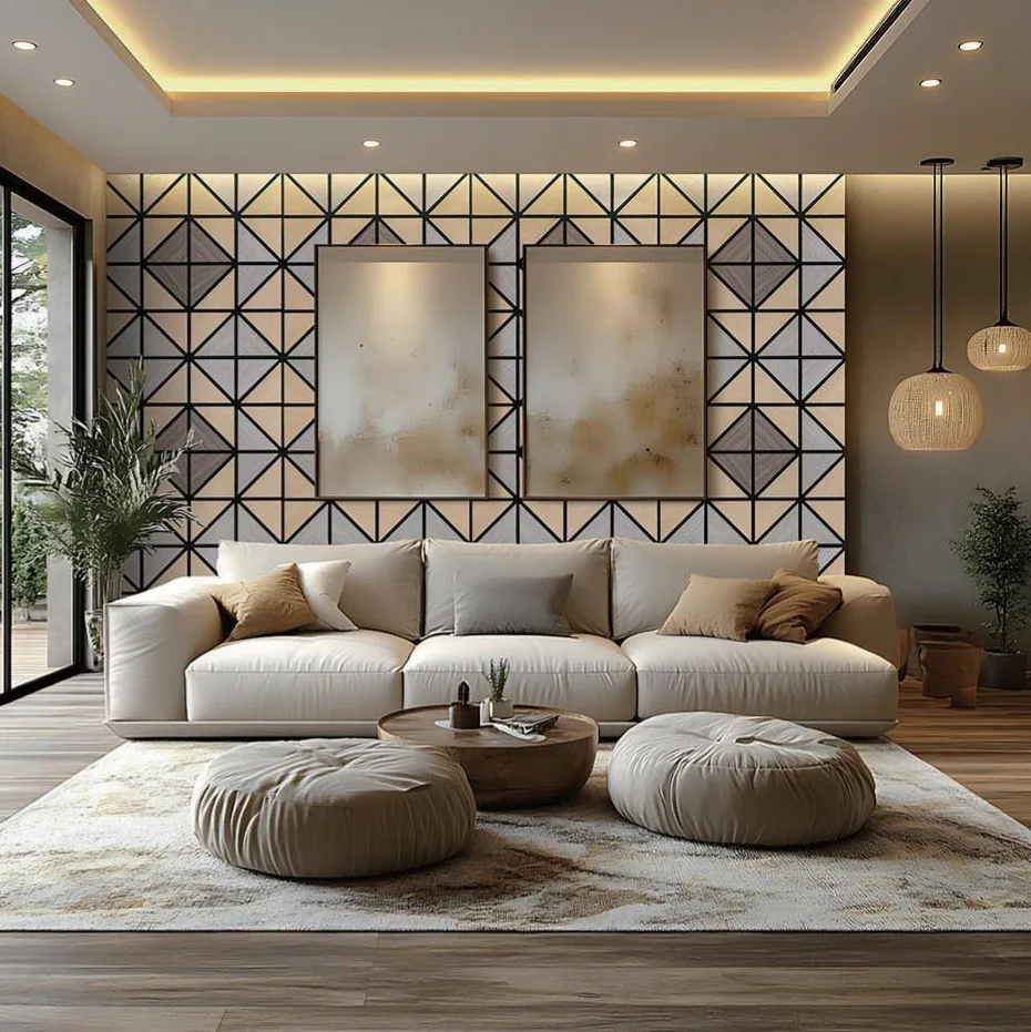Supplier-provided residential visualization with geometric wood-slat wall panels