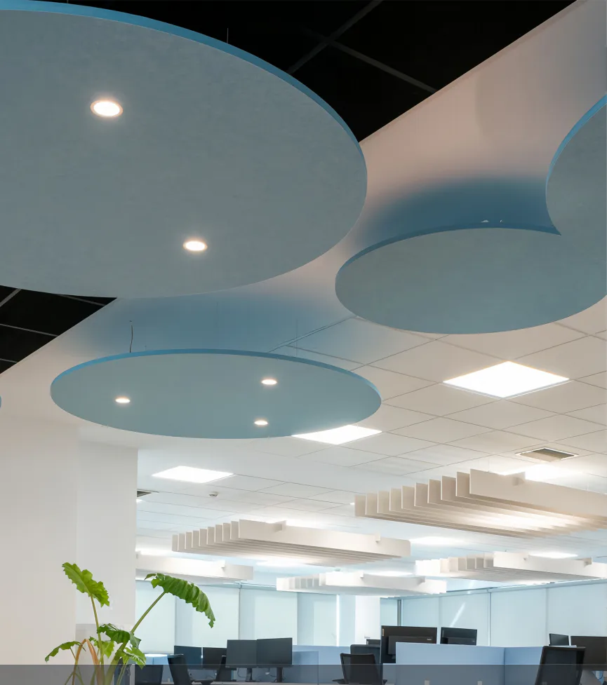 Supplier-provided visualization of blue ceiling clouds in a workplace