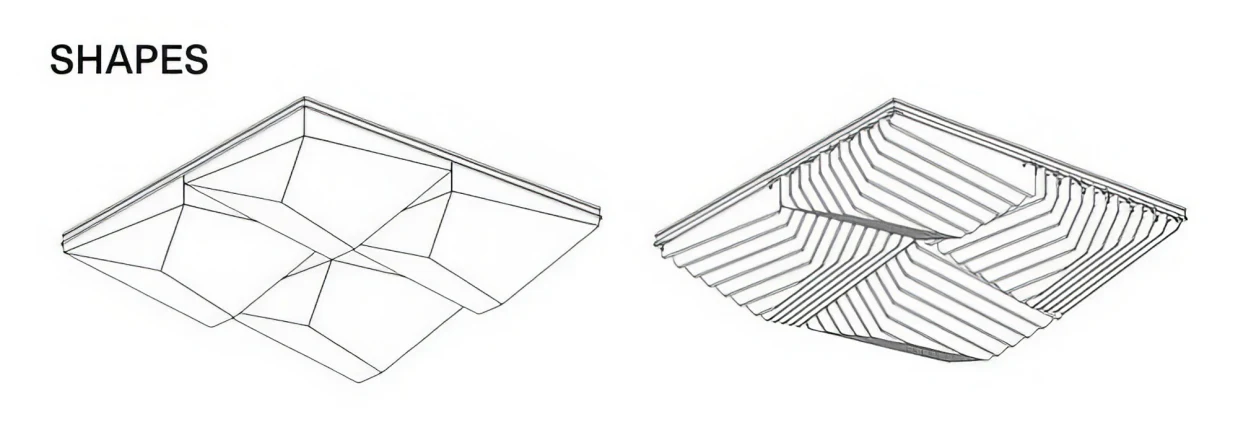 Supplier source diagram showing a geometric formed ceiling module direction