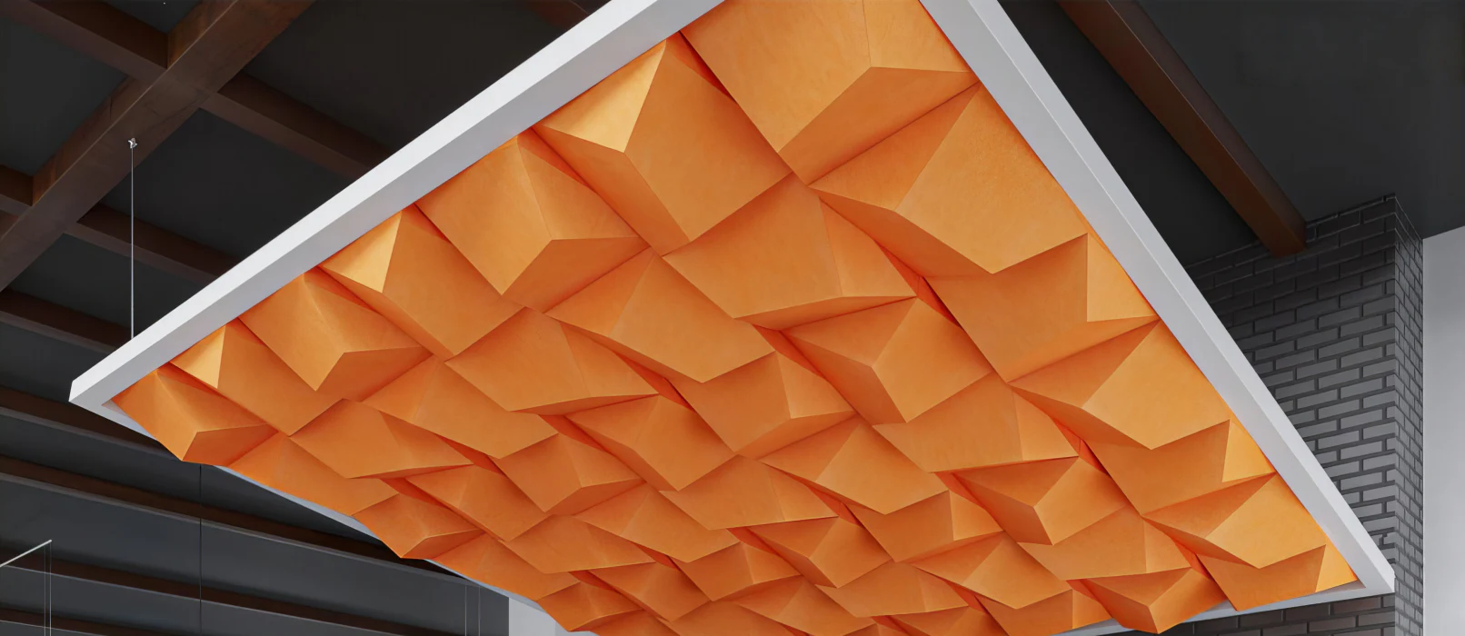Supplier-provided visualization of an orange coffered acoustic ceiling module