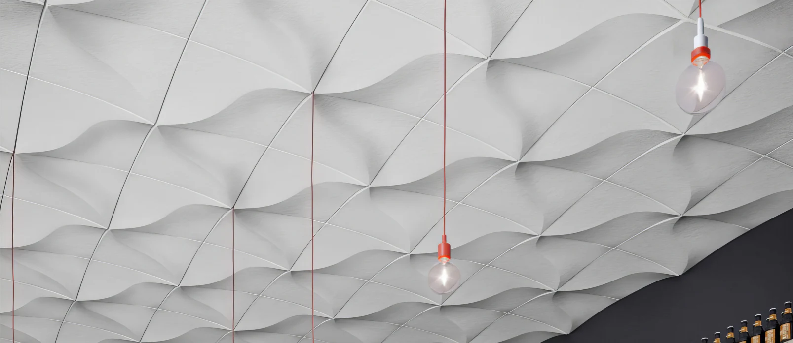 Supplier-provided visualization of a white wave-form acoustic ceiling canopy
