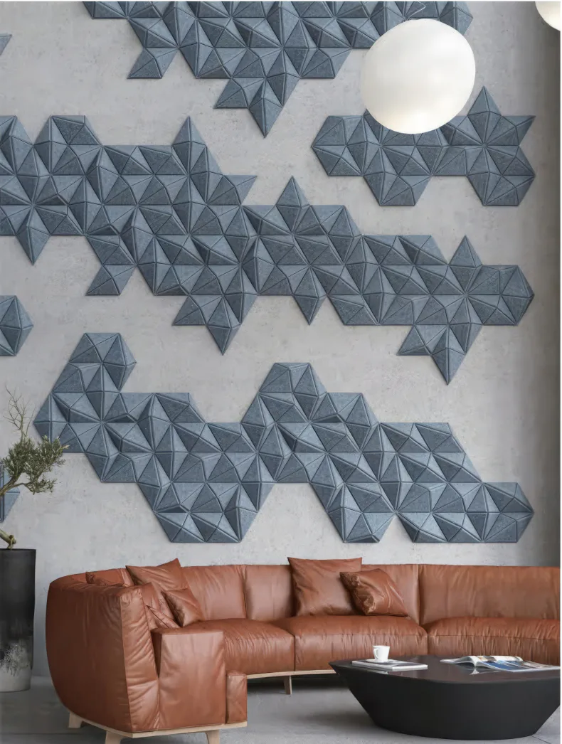 Supplier-provided rendering of blue geometric PET acoustic wall panels