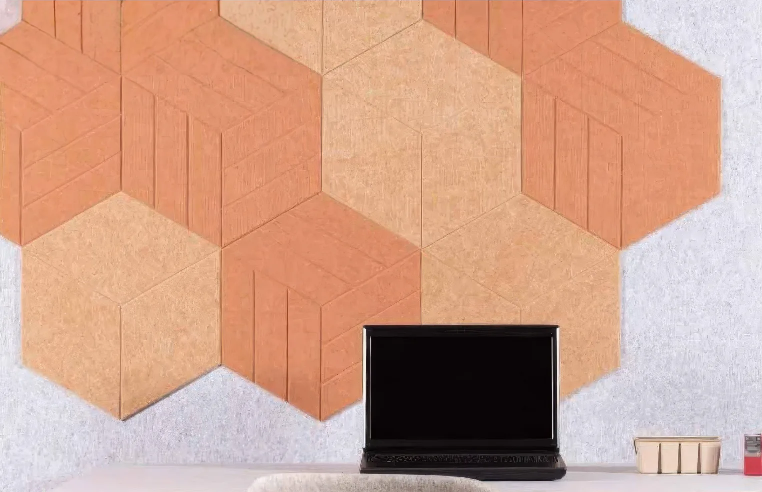 Supplier-provided visualization or product reference for Carved Hexagonal PET Acoustic Wall Panels