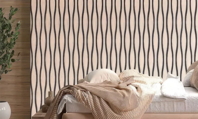 Supplier-provided rendering of pale wave-pattern slats in a bedroom