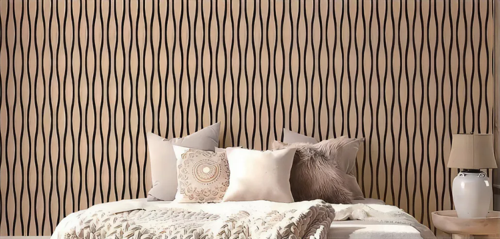 Supplier-provided rendering of curved wood slat panels behind a bed