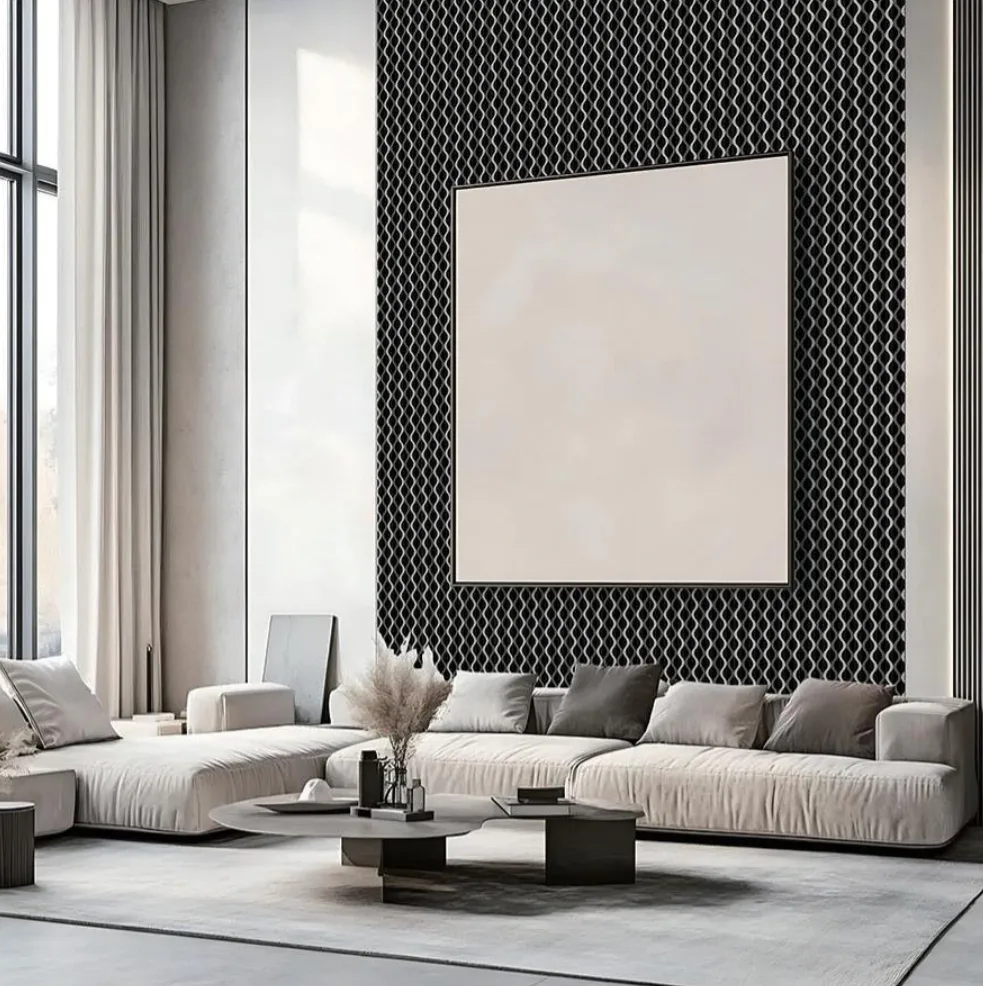 Supplier-provided rendering of curved black wall panels in a living room