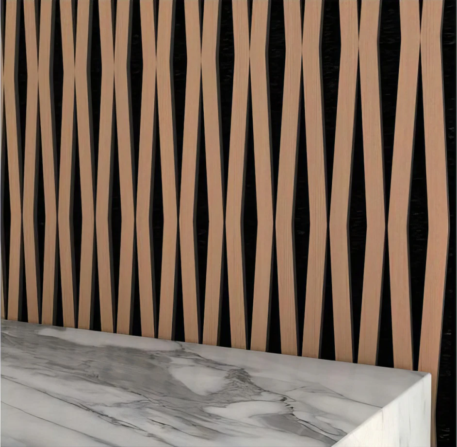 Supplier product-reference view of diamond-pattern wood slats over dark backing