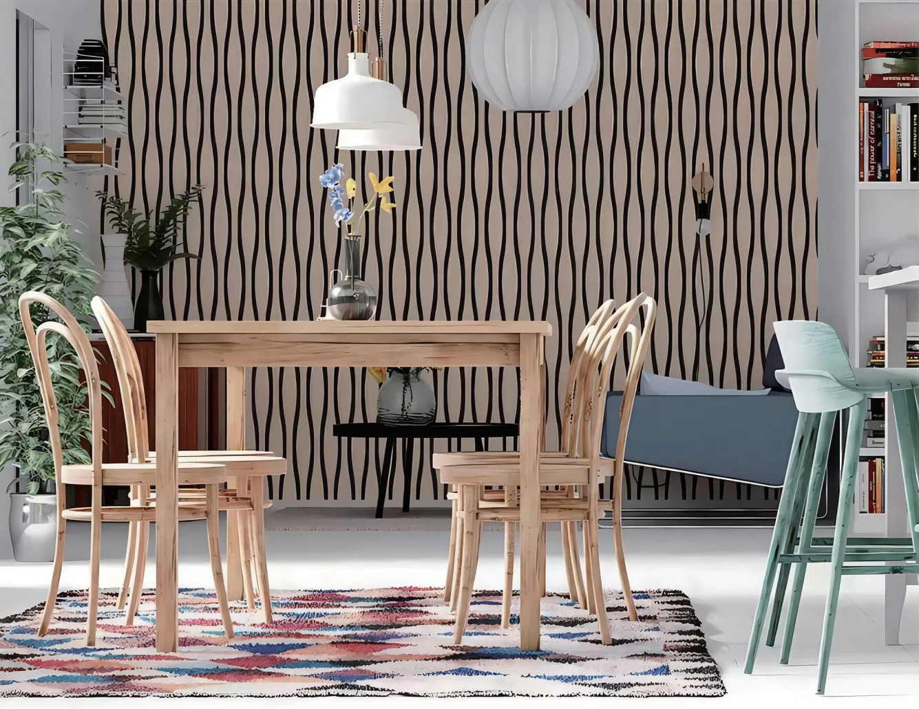 Supplier-provided rendering of wave-pattern wood slat wall panels in a dining space