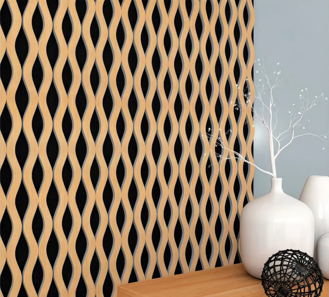 Supplier product-reference view of interlocking curved slats over dark backing