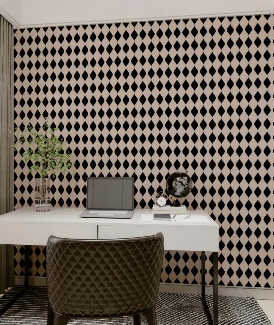 Supplier-provided rendering of diamond-pattern curved slats in a home office