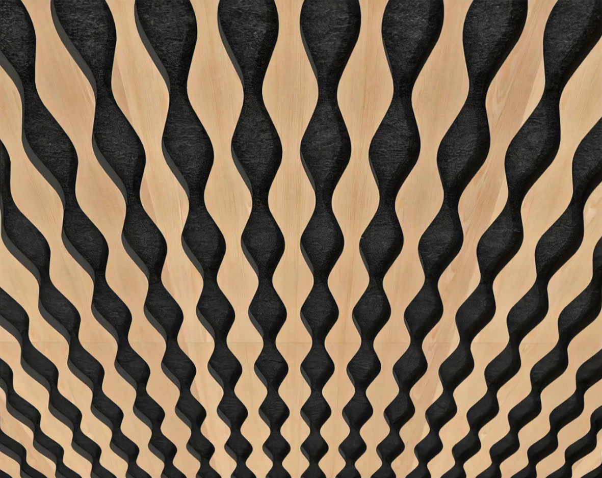 Supplier product-reference perspective of curved wood slats over dark backing