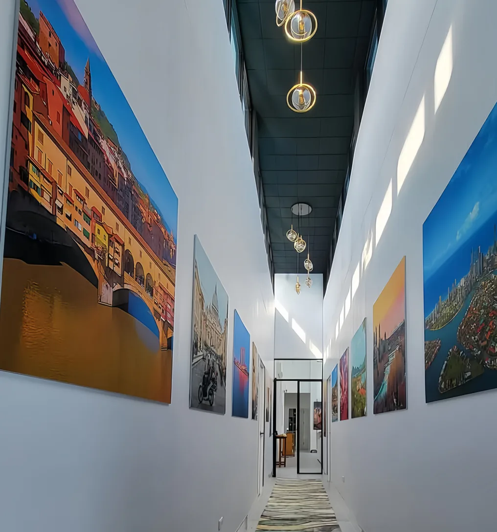 Supplier-provided visualization of printed PET art panels along a corridor