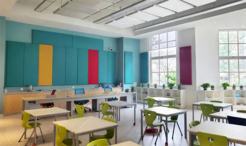 Supplier-provided reference image of fabric-wrapped panels in a classroom