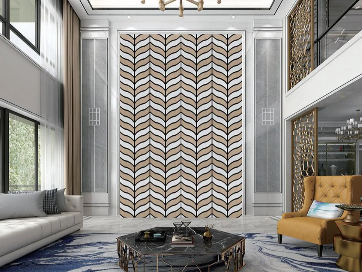 Supplier-provided rendering of chevron wood slat wall modules