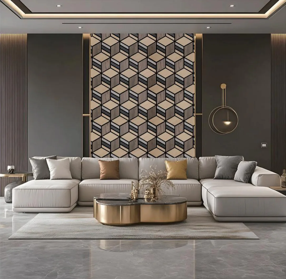 Supplier-provided rendering for Geometric Wood Slat Acoustic Wall Panels