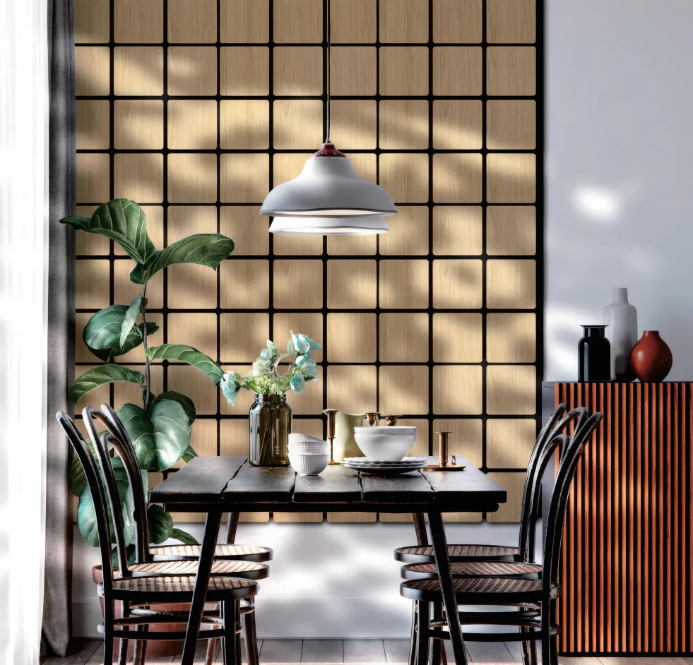 Supplier-provided rendering for Geometric Wood Slat Acoustic Wall Panels
