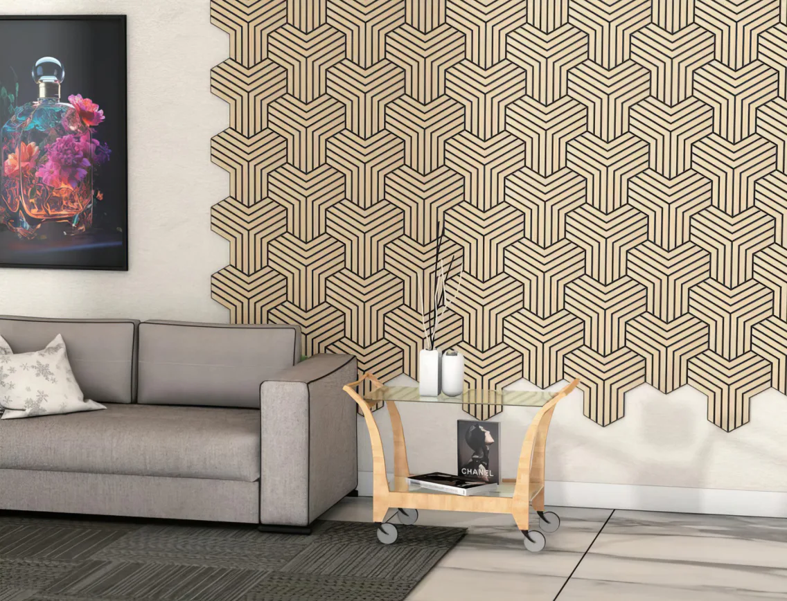 Supplier-provided rendering of geometric wood slat wall modules