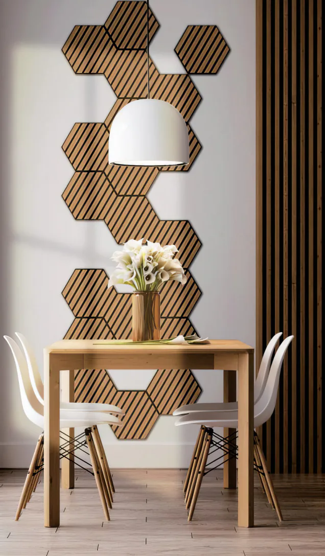 Supplier-provided rendering for Hexagonal Wood Slat Acoustic Wall Panels