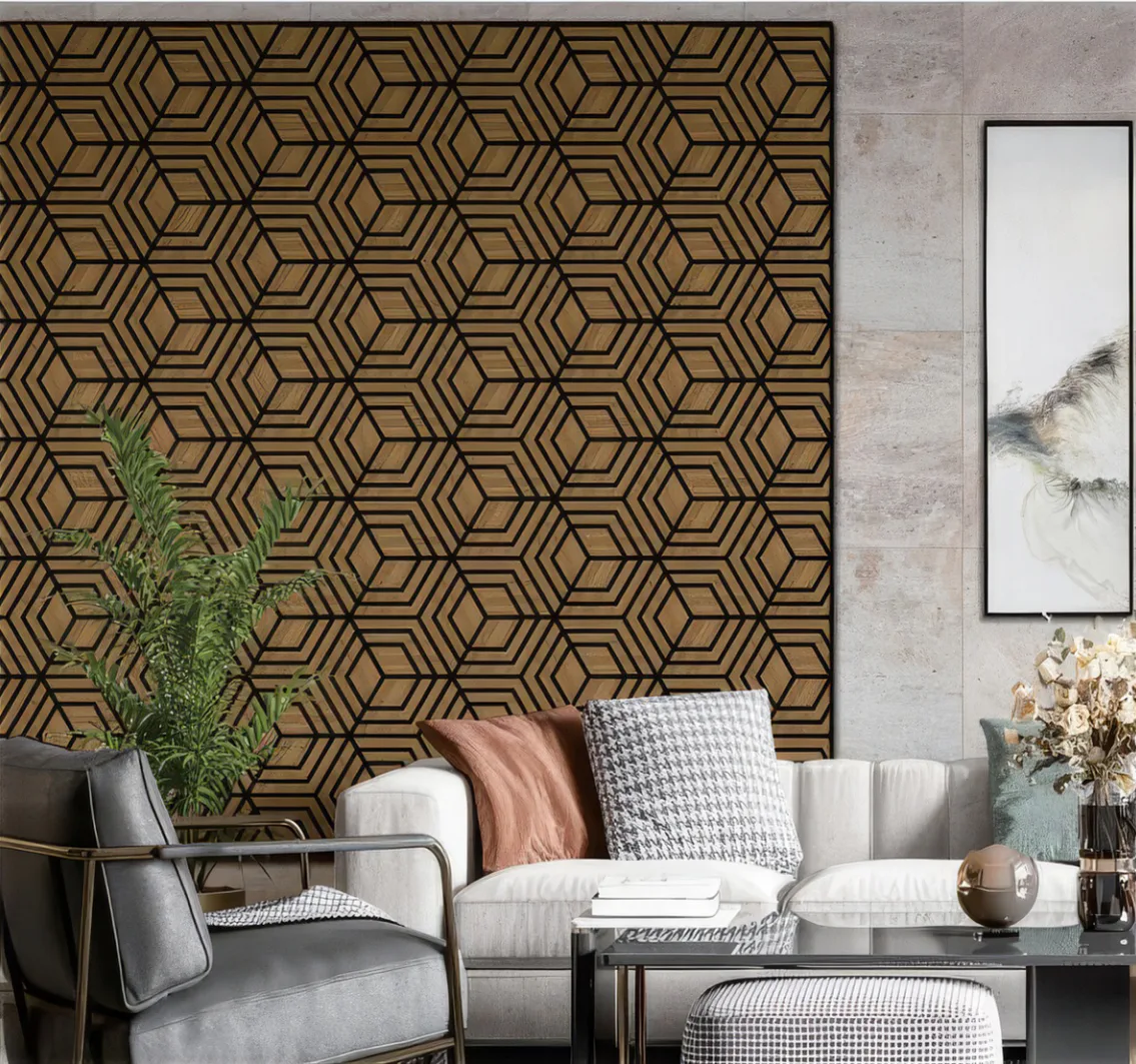 Supplier-provided rendering of concentric hexagonal wood slat panels