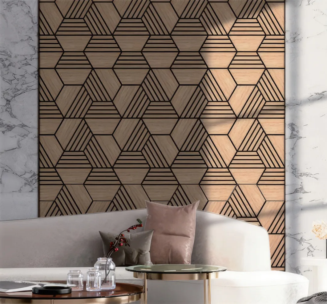 Supplier-provided rendering of cube-pattern hexagonal wood slat panels