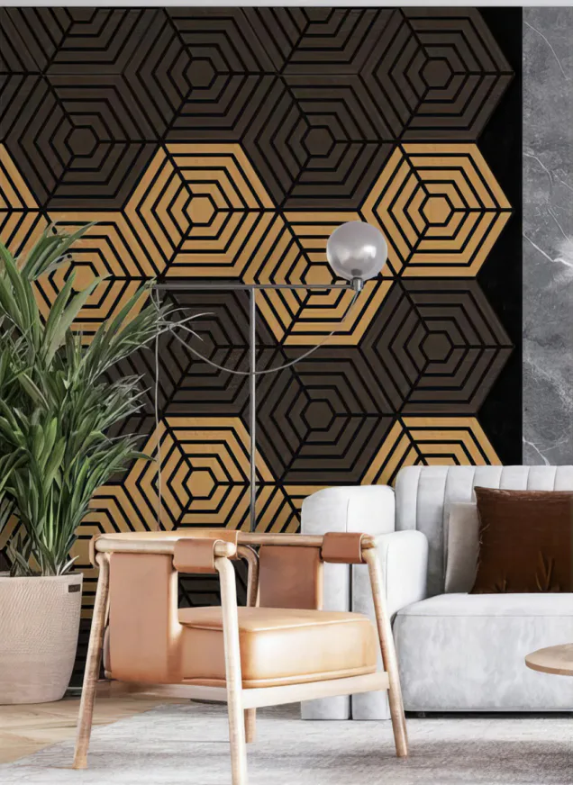 Supplier-provided rendering for Hexagonal Wood Slat Acoustic Wall Panels