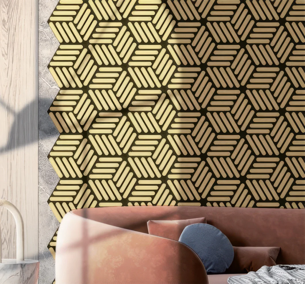 Supplier-provided rendering for Hexagonal Wood Slat Acoustic Wall Panels