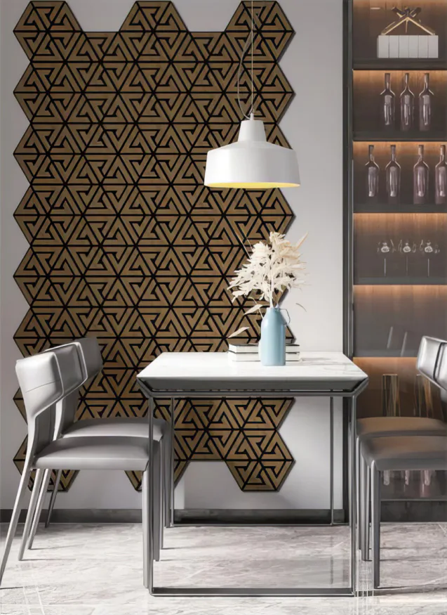 Supplier-provided rendering for Hexagonal Wood Slat Acoustic Wall Panels