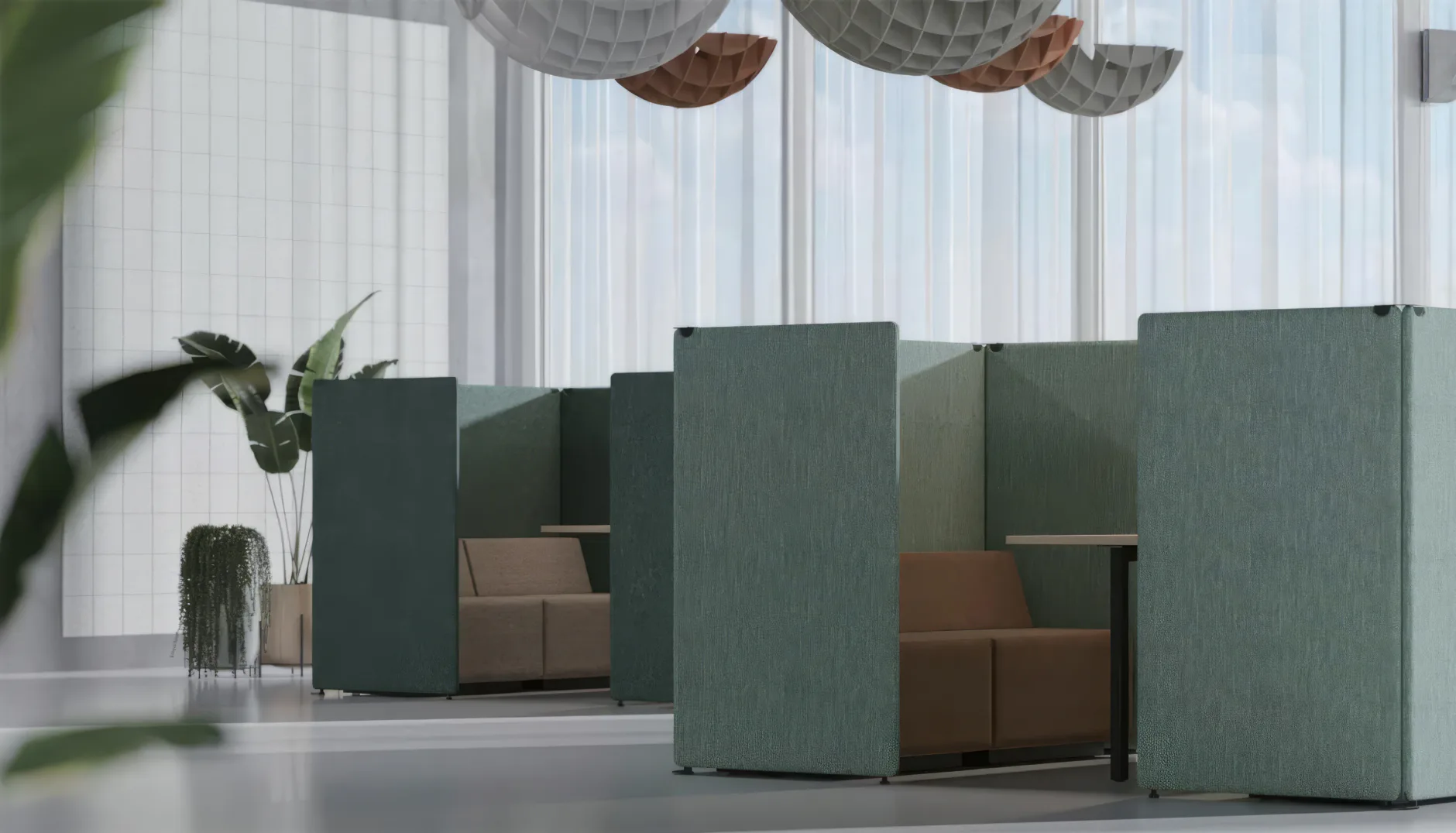 Supplier-provided visualization of modular PET privacy partitions in a lounge
