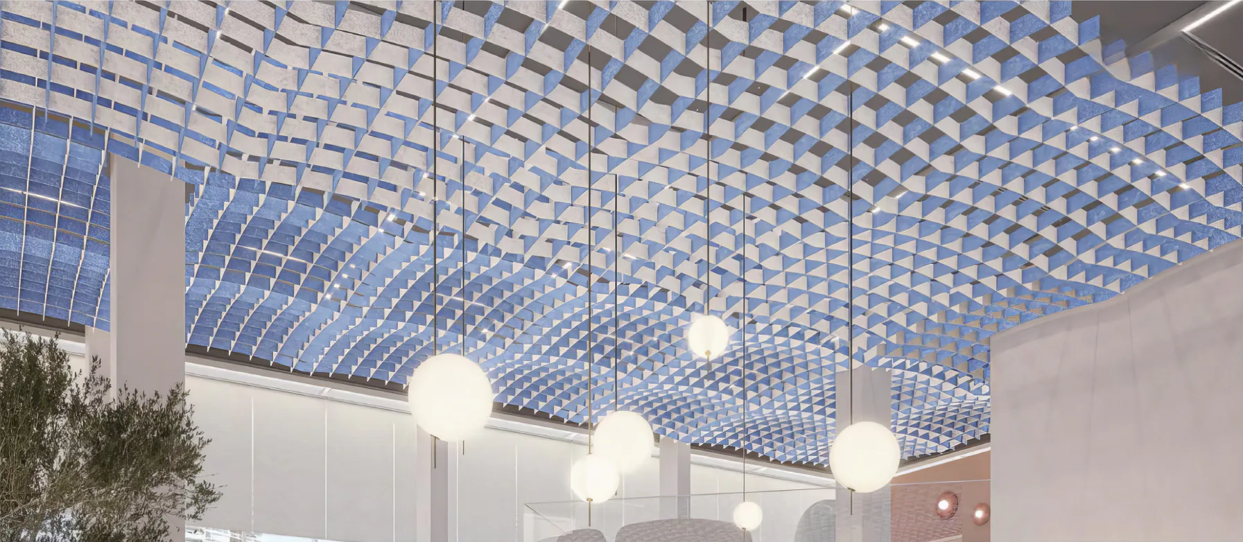 Supplier-provided visualization of a blue interwoven ceiling canopy