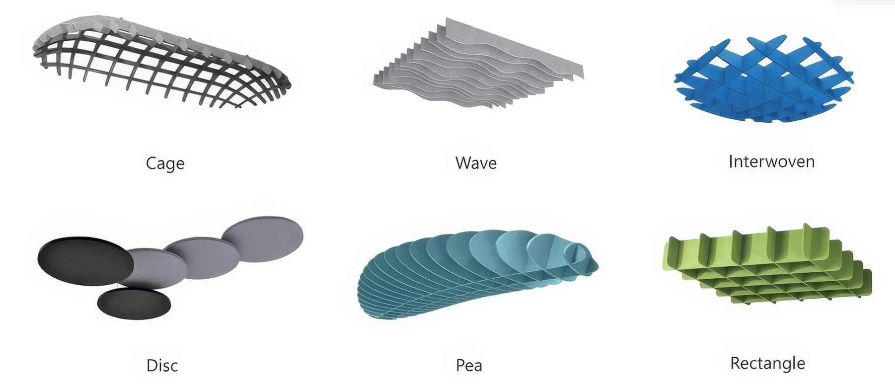Supplier source overview of cage, wave, interwoven, disc, pea, and rectangle ceiling forms