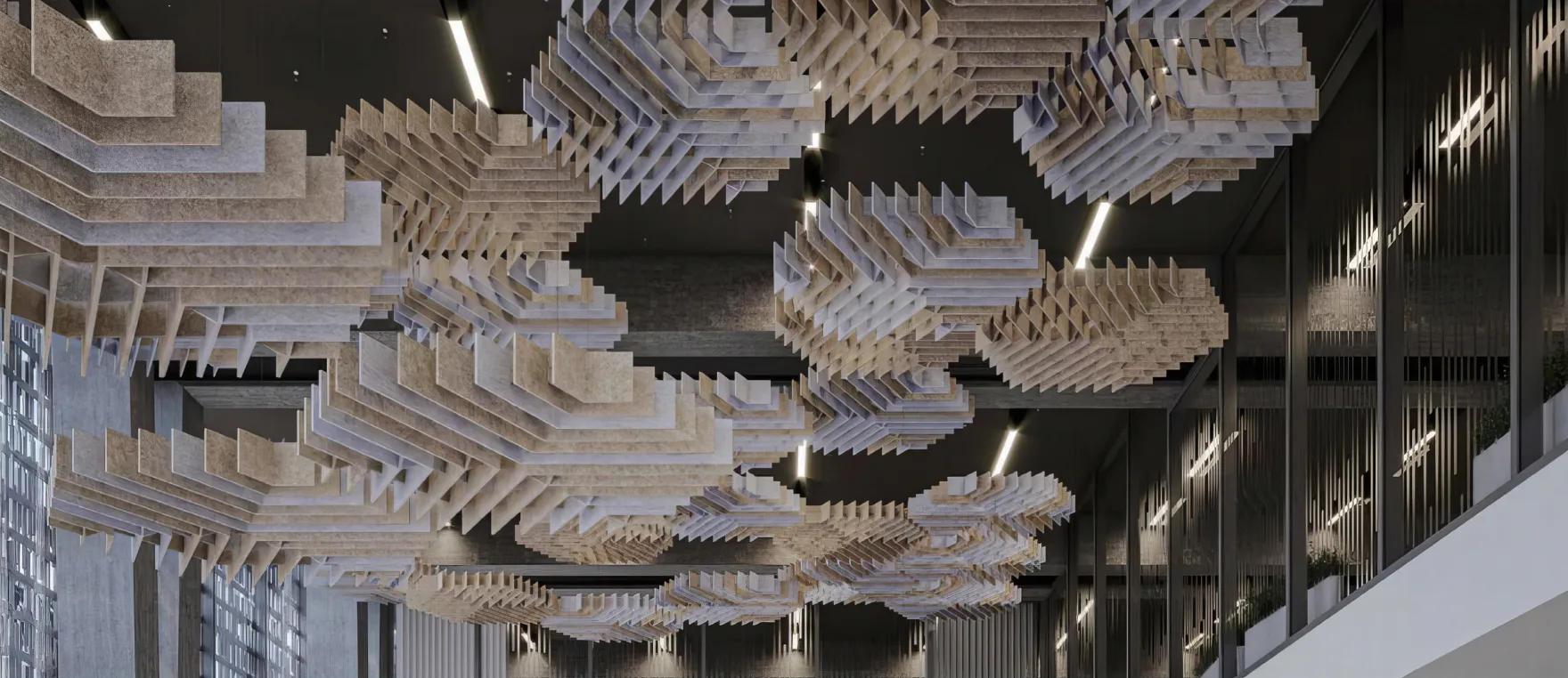 Supplier-provided visualization of sculptural geometric acoustic ceiling clusters