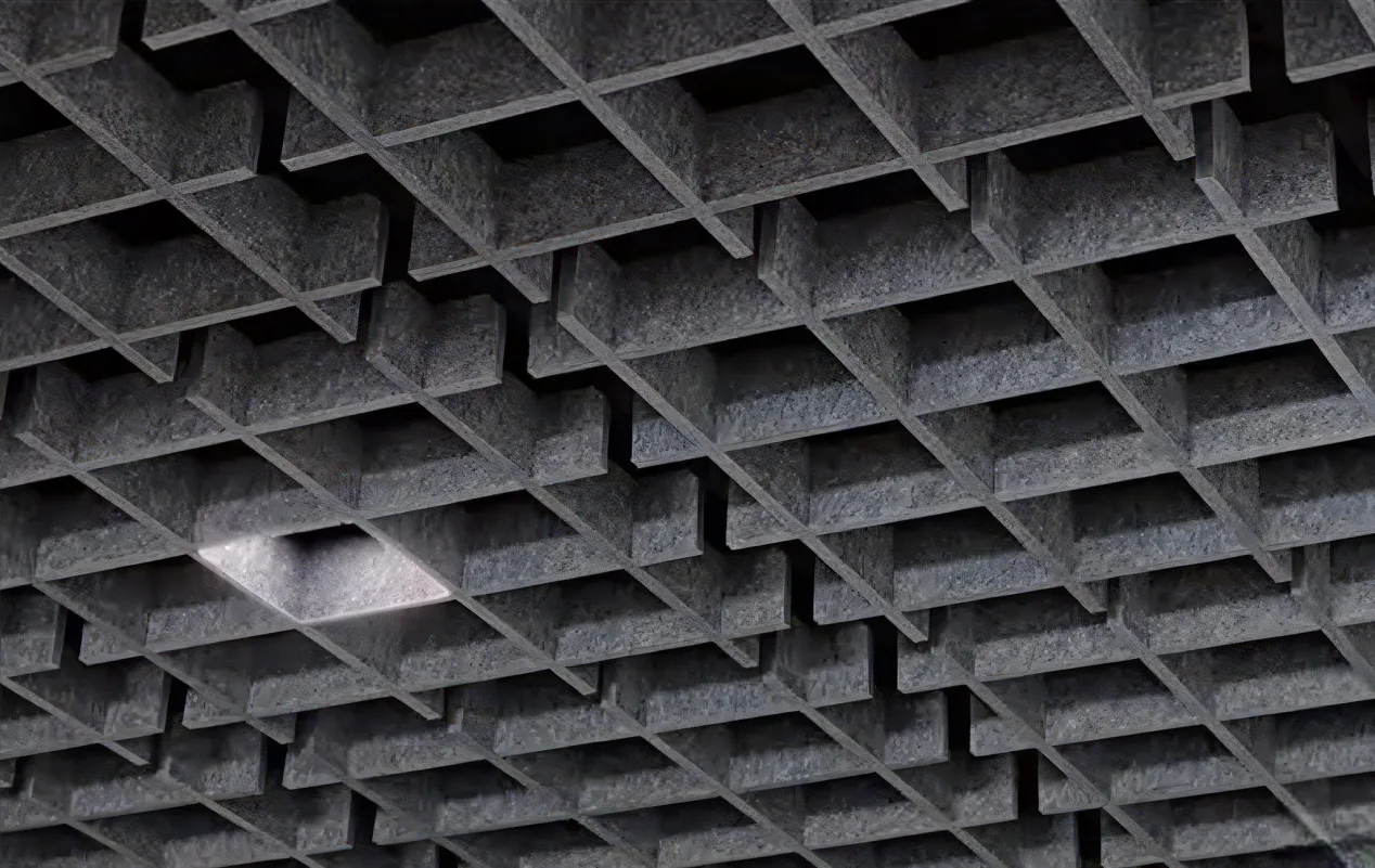 Supplier-provided visualization of grey PET baffles in a suspended ceiling grid