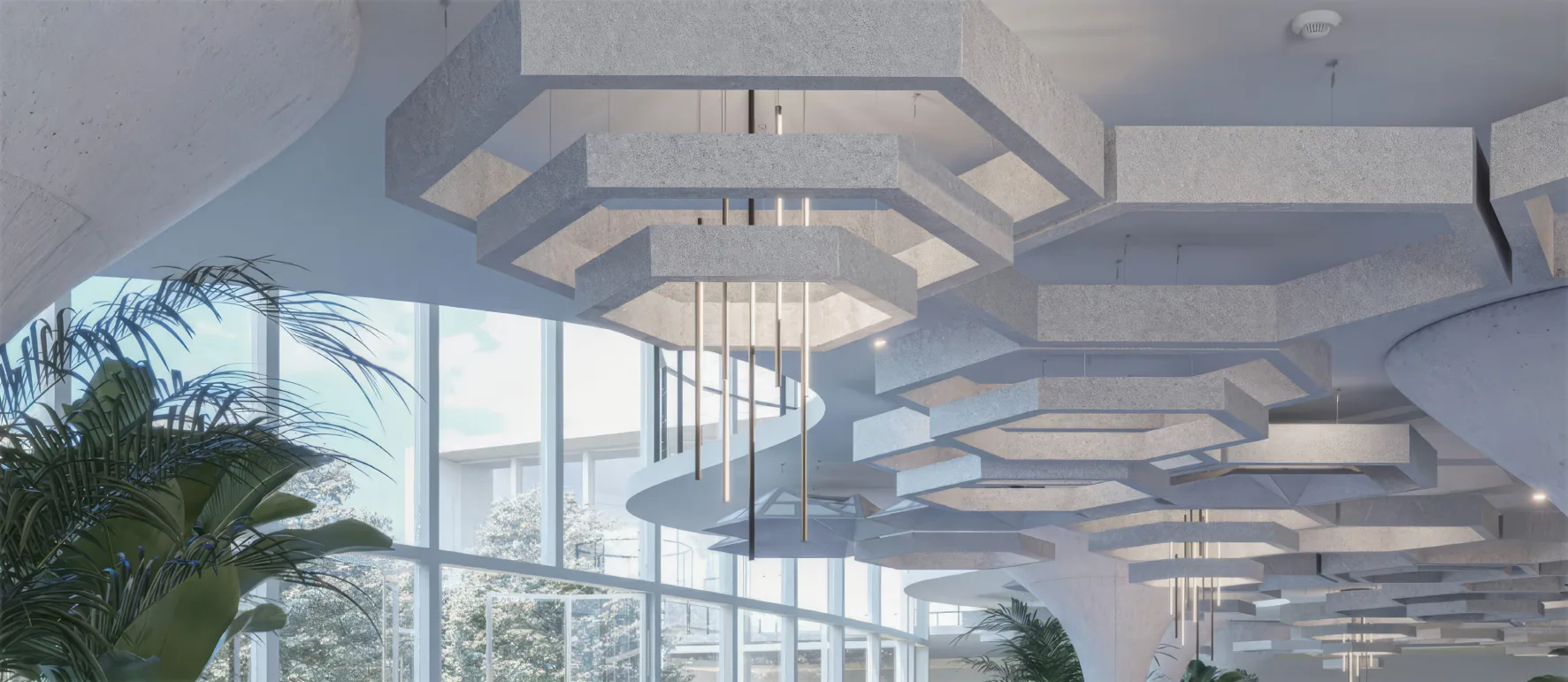 Supplier-provided visualization of white hexagonal acoustic ceiling clouds