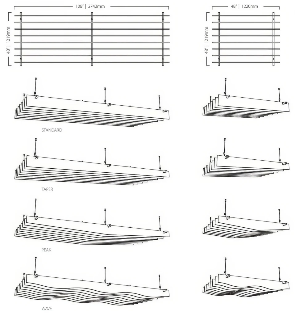 Supplier reference diagram showing standard, taper, peak, and wave baffle arrays