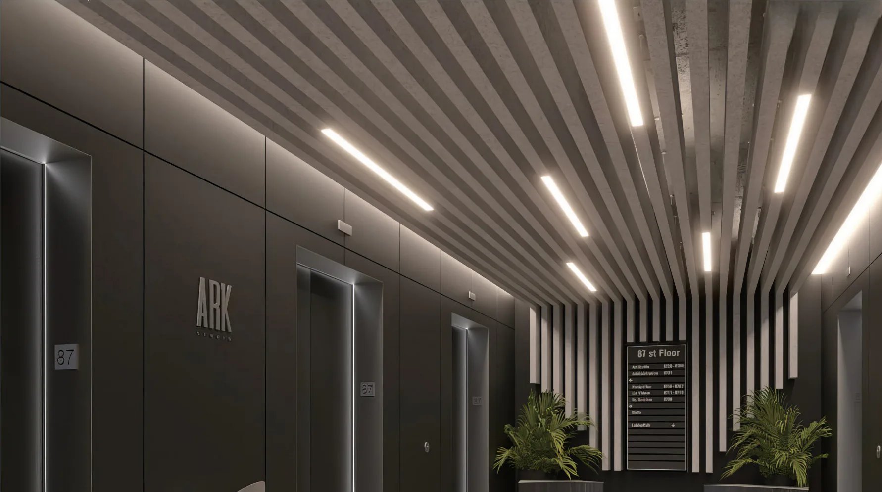 Supplier-provided visualization of long linear acoustic baffles in a dark corridor