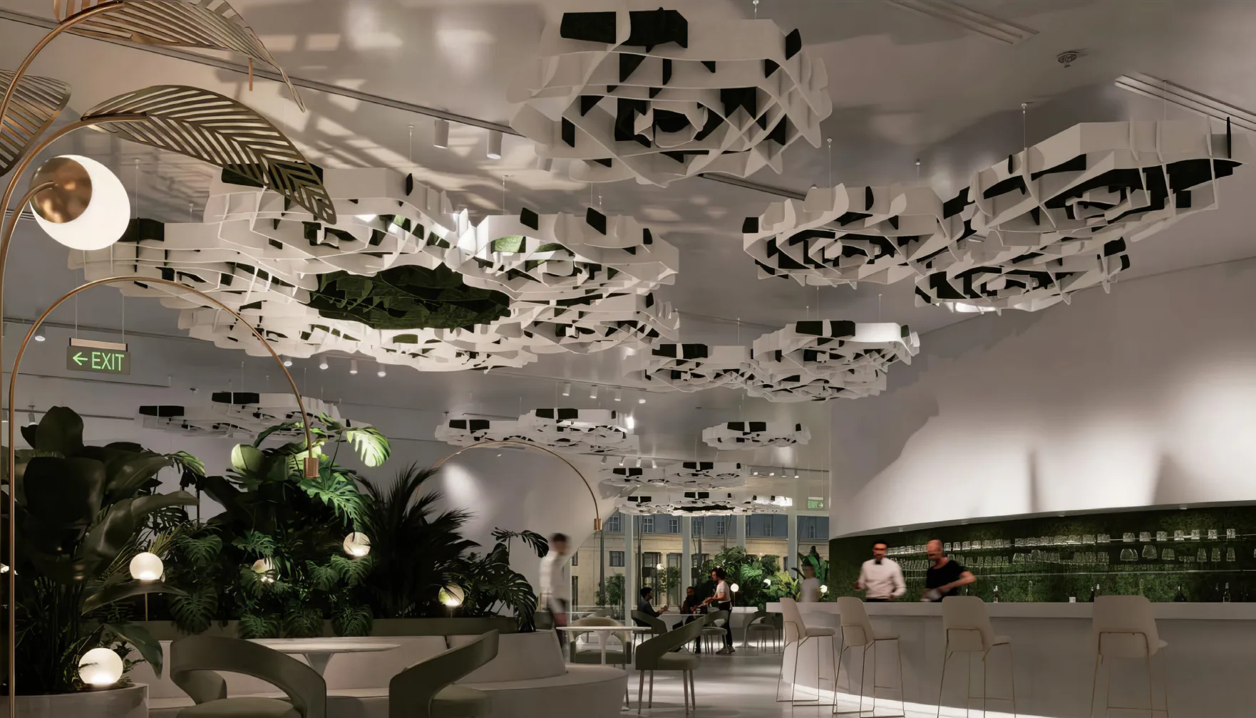 Supplier-provided visualization of sculptural black and white ceiling clouds