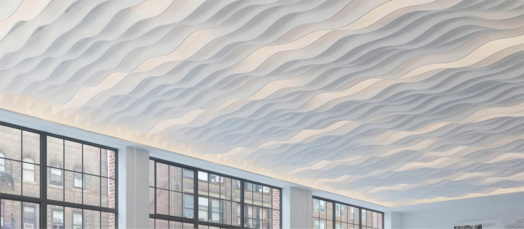 Supplier-provided visualization of white wave-form acoustic ceiling baffles