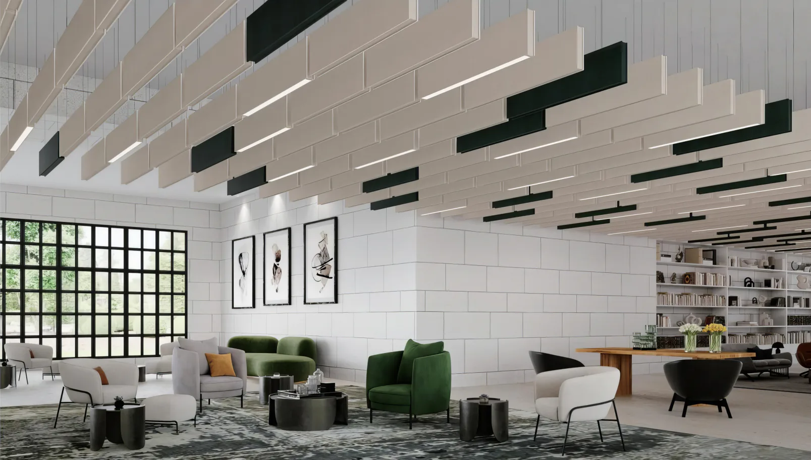 Supplier-provided visualization of white and green linear ceiling baffles