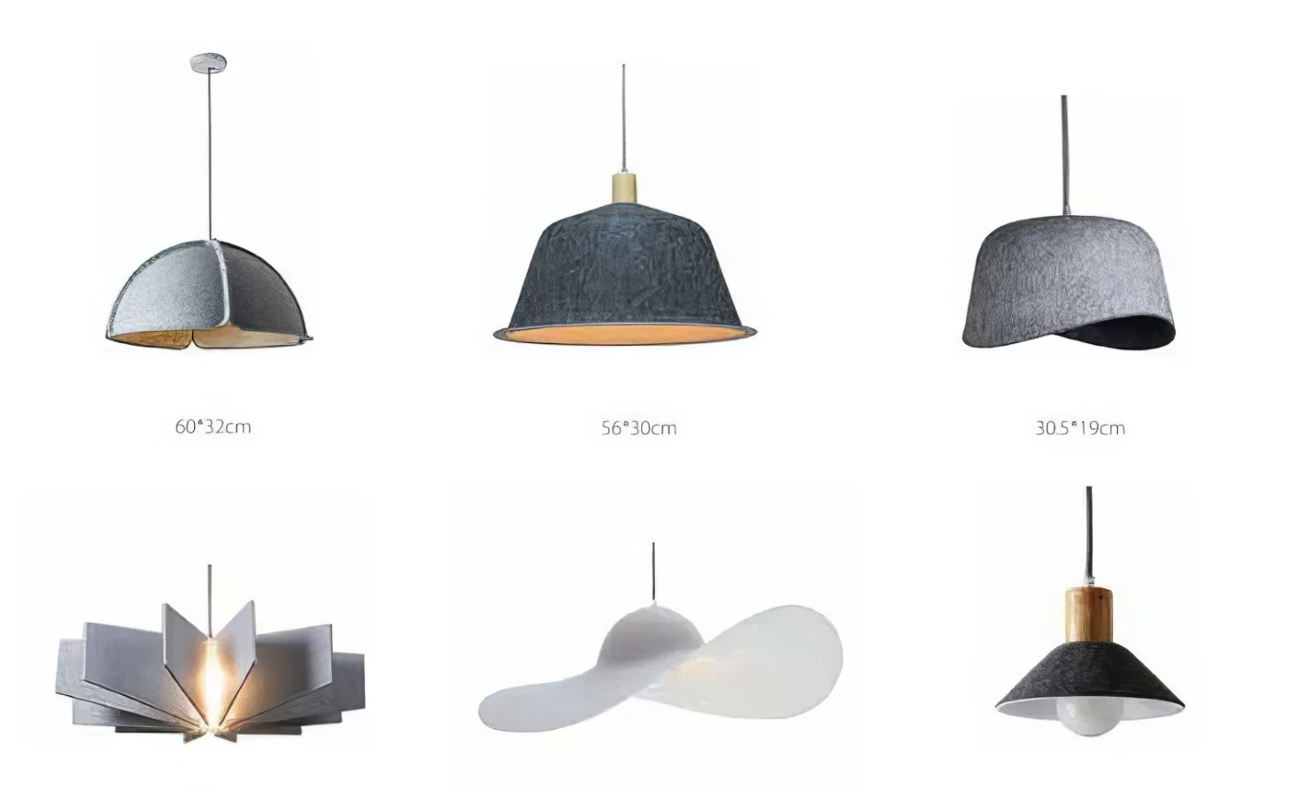 Supplier source sheet showing dome and sculptural pendant forms