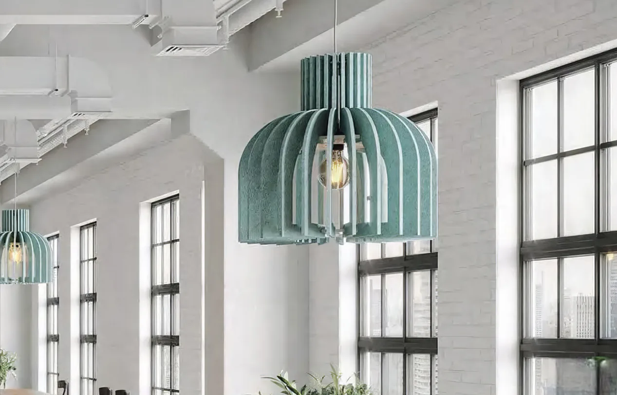 Supplier-provided visualization of a green ribbed PET pendant light