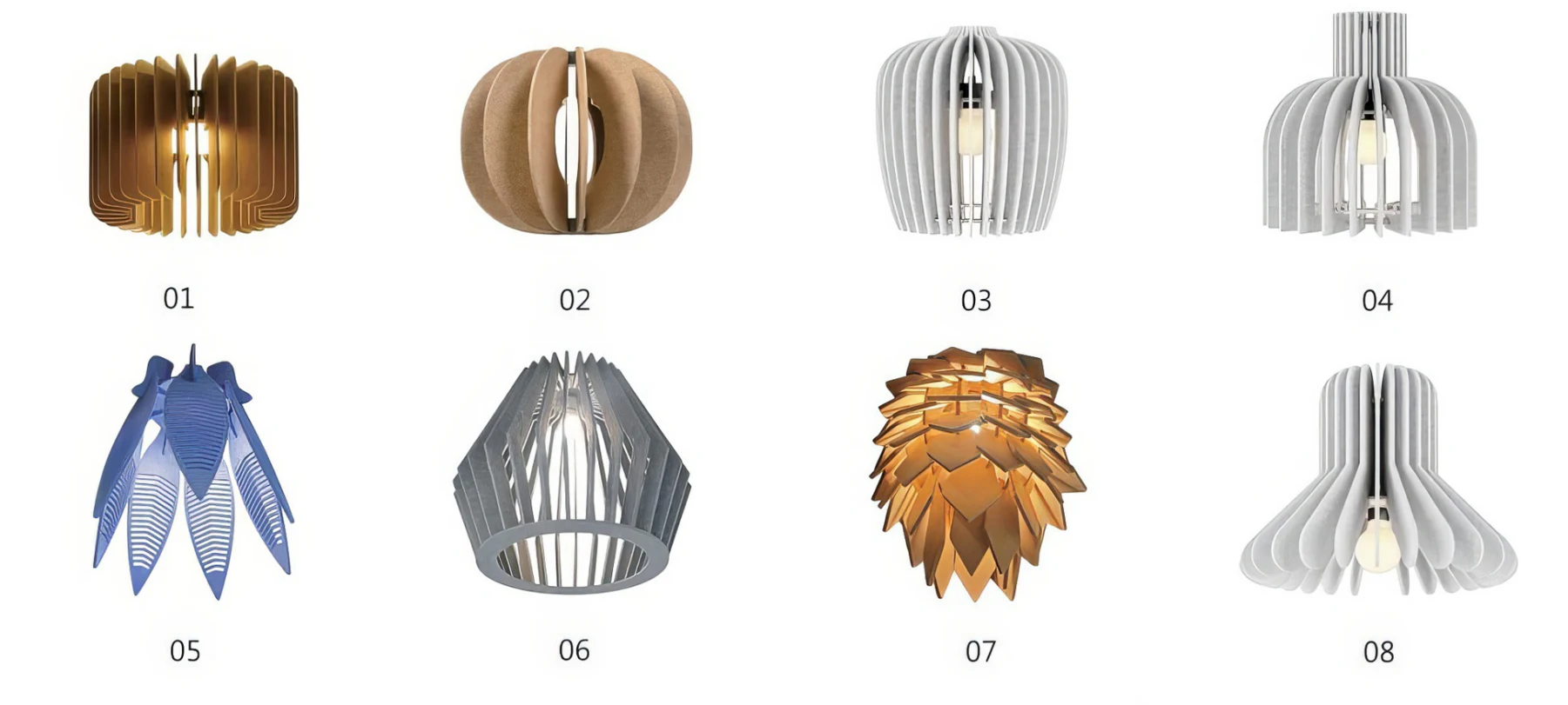 Supplier source sheet showing eight ribbed and sculptural pendant forms