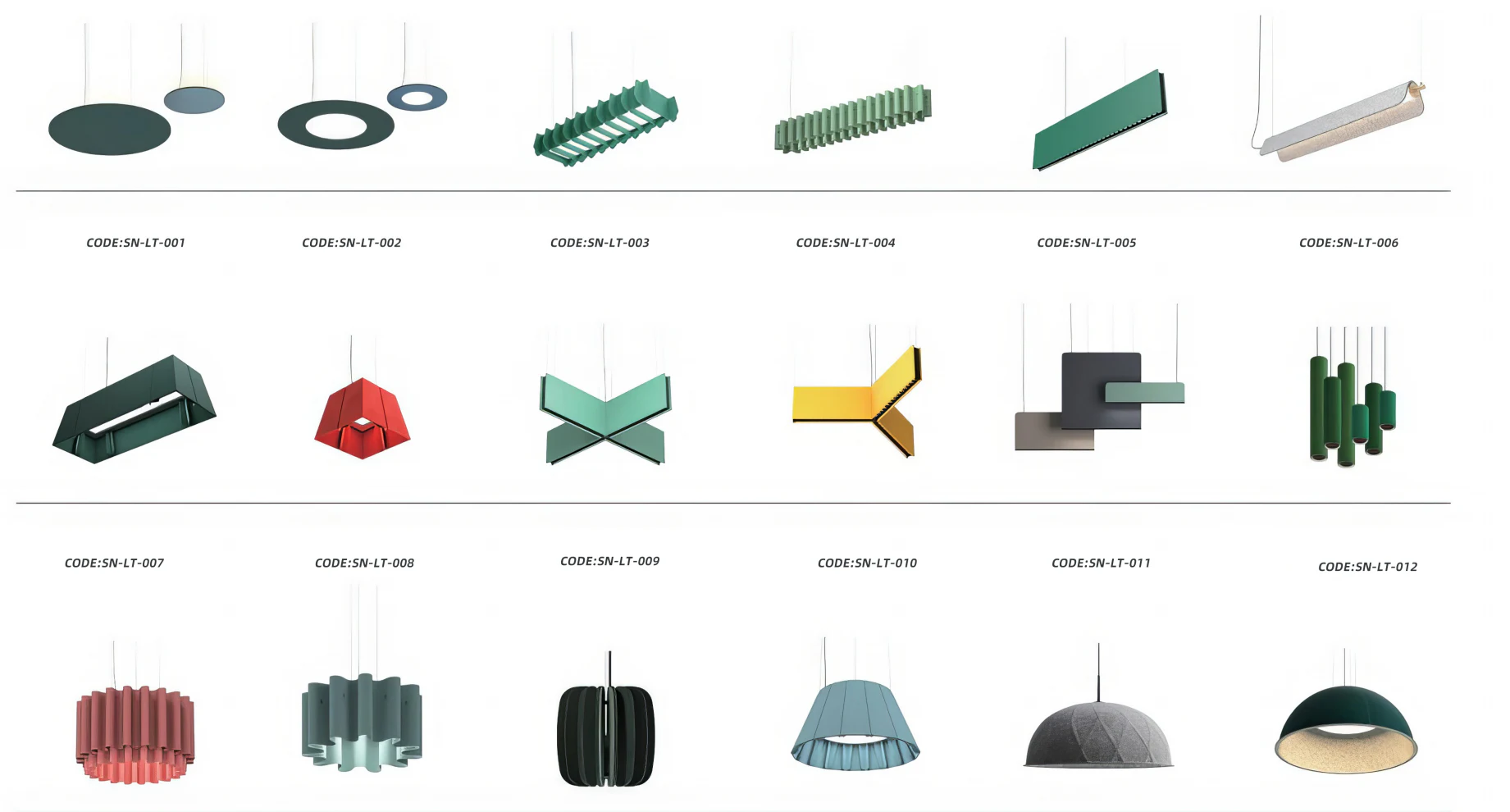 Supplier source sheet showing twelve acoustic lighting model directions