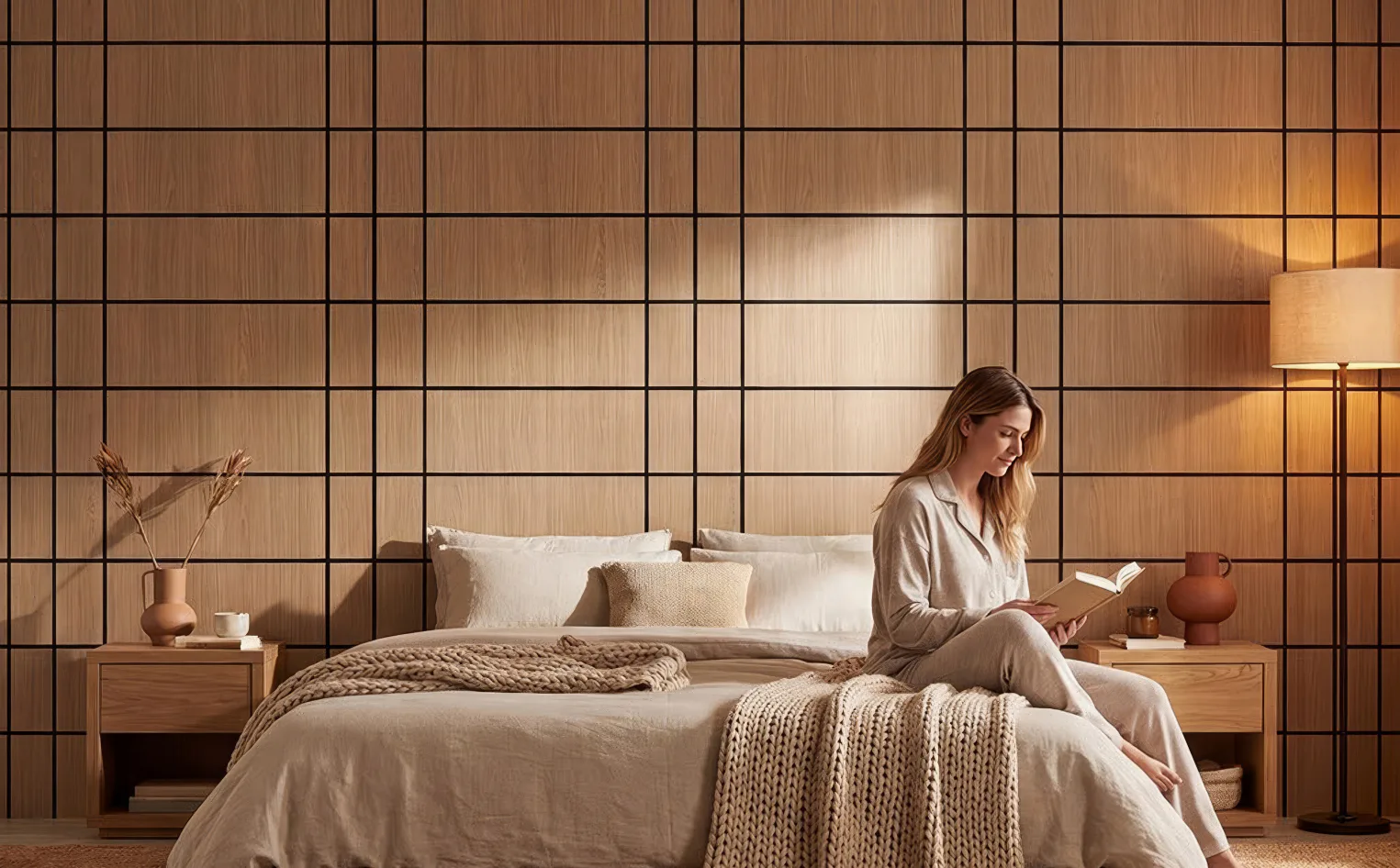 Supplier-provided visualization of dark grid-pattern PET panels in a bedroom