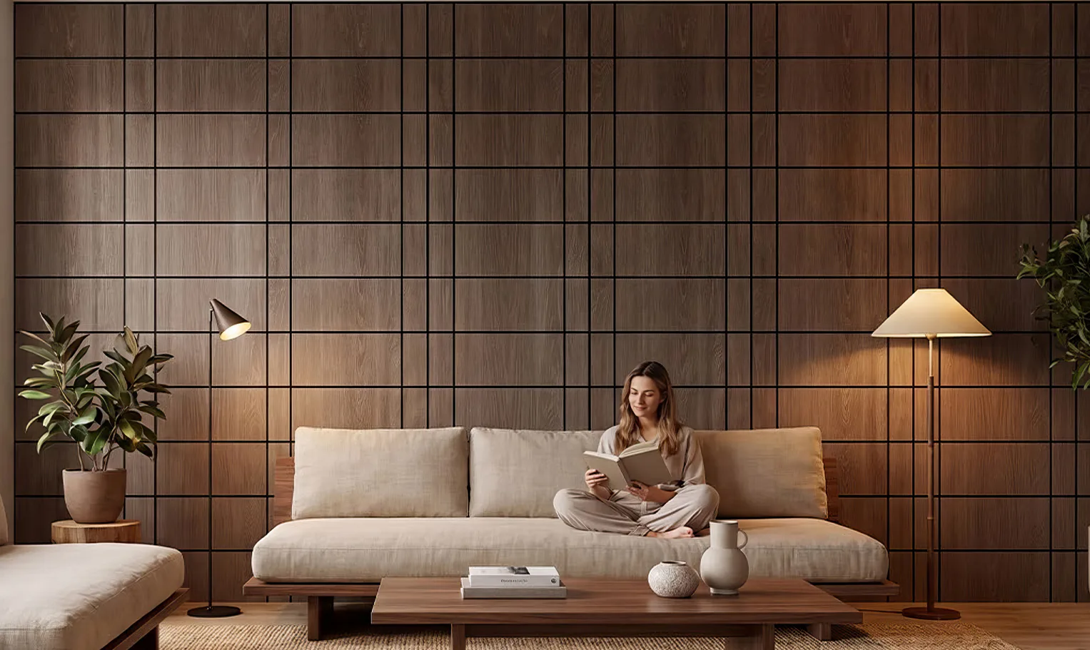 Supplier-provided visualization of dark grid-pattern PET panels in a living room
